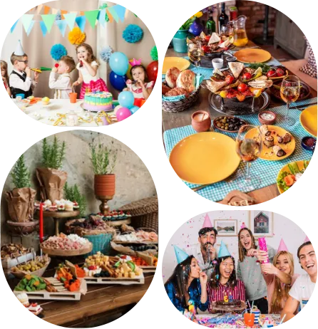 A collage of birthday party pictures, two of elaborate spreads and two of people partying around a table