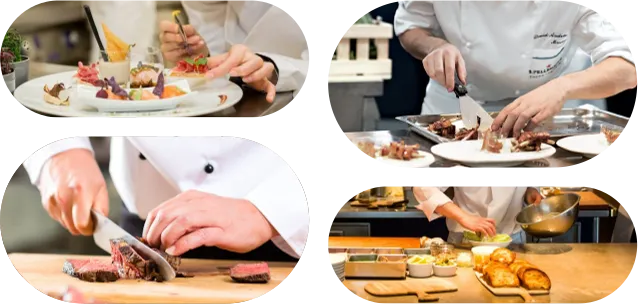 Finger foods on a plate | A chef plating with a spatula | A chef cutting cooked steak | A chef holding a strainer