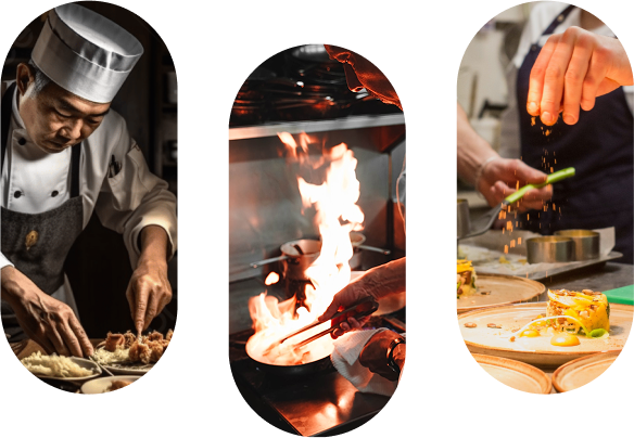 Private chef plating a meal. | Private chef cooking in a pan with fire. | Private chef seasoning a dish.