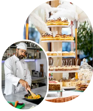 A set of two pictures. One is of a chef in professional attire sauteeing on a stove. The other is of a tower of bite-sized desserts.