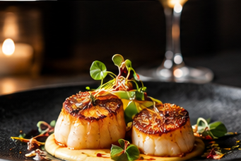 Concept image of plated scallops beside candlelight