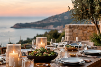 Concept image of an outdoor dining table overlooking the coast